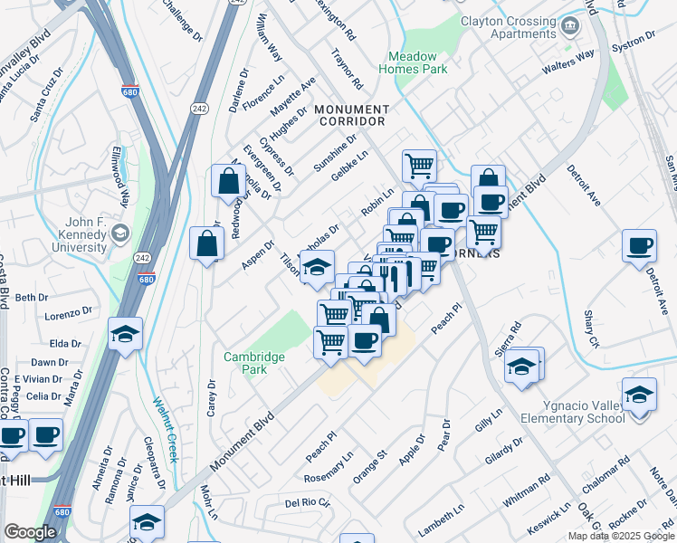 map of restaurants, bars, coffee shops, grocery stores, and more near 1642 Jenkinson Drive in Concord