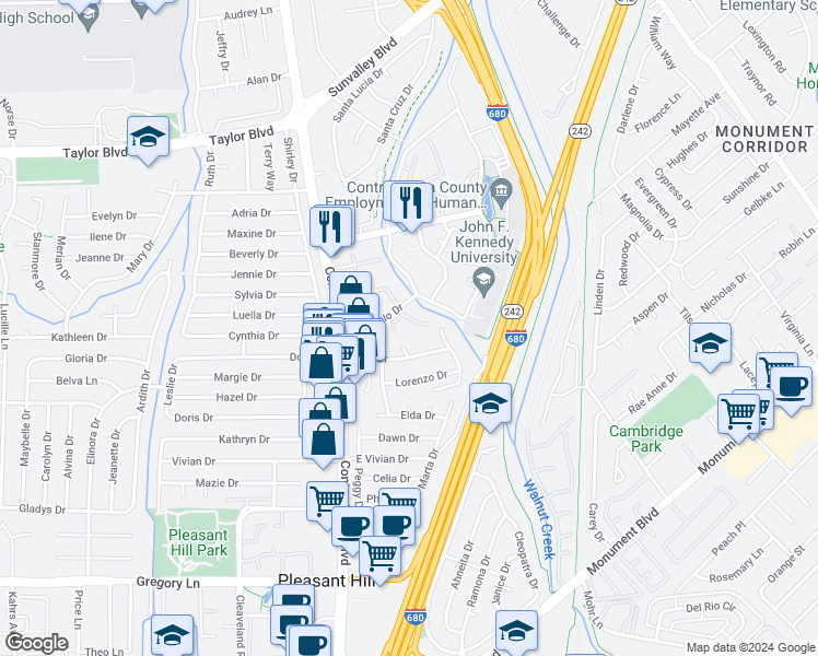map of restaurants, bars, coffee shops, grocery stores, and more near 38 Massolo Drive in Pleasant Hill