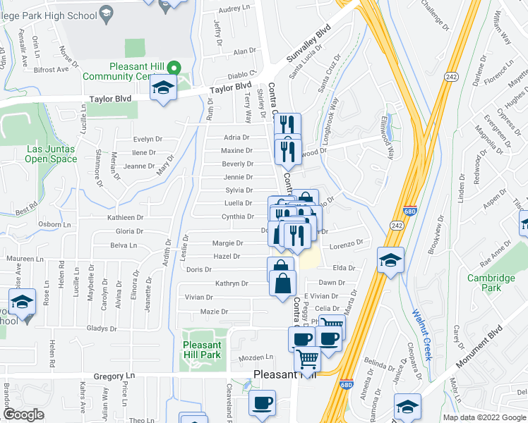 map of restaurants, bars, coffee shops, grocery stores, and more near 113 Luella Drive in Pleasant Hill
