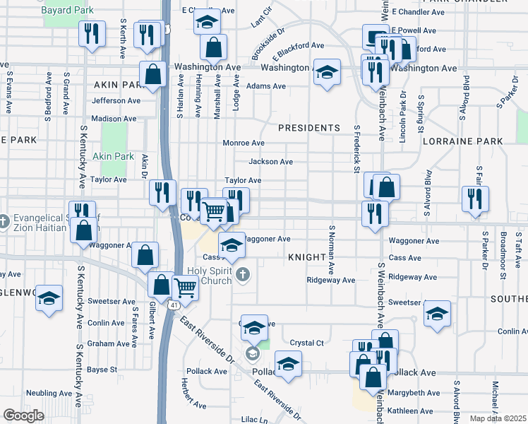 map of restaurants, bars, coffee shops, grocery stores, and more near 1552-1598 South Bennighof Avenue in Evansville