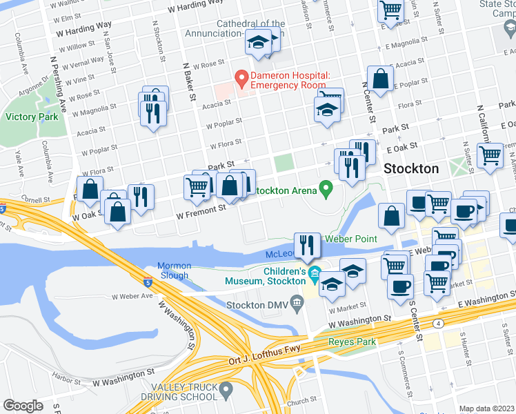map of restaurants, bars, coffee shops, grocery stores, and more near 435 West Fremont Street in Stockton