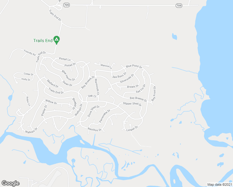 map of restaurants, bars, coffee shops, grocery stores, and more near Bay Breeze Drive in Horntown