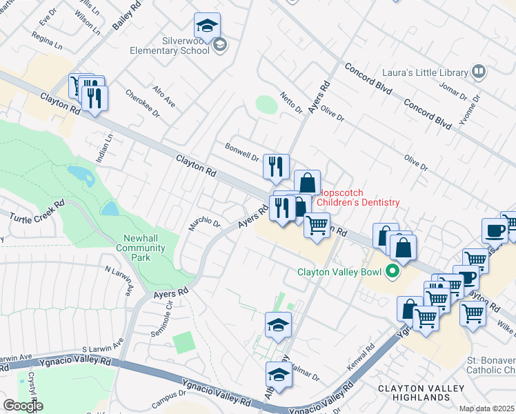 map of restaurants, bars, coffee shops, grocery stores, and more near 5095 Valley Crest Drive in Concord