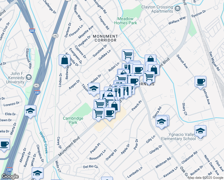 map of restaurants, bars, coffee shops, grocery stores, and more near 1121 Virginia Lane in Concord