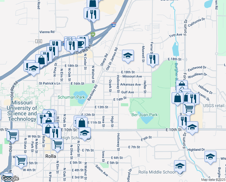 map of restaurants, bars, coffee shops, grocery stores, and more near 803 Gulf Avenue in Rolla