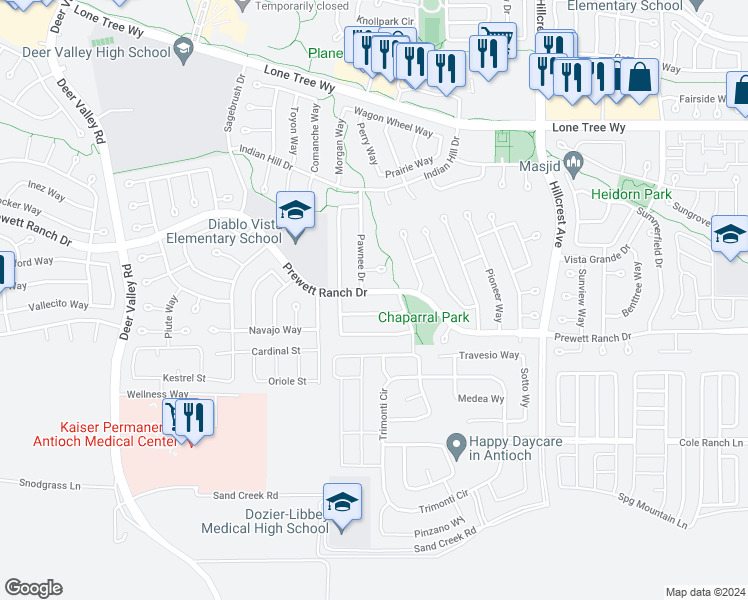 map of restaurants, bars, coffee shops, grocery stores, and more near 5122 Prewett Ranch Drive in Antioch