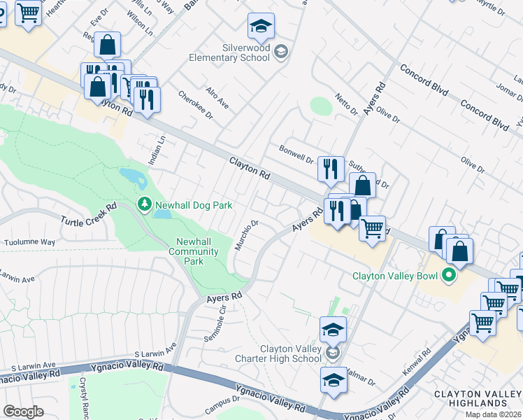 map of restaurants, bars, coffee shops, grocery stores, and more near 5030 Valley Crest Drive in Concord