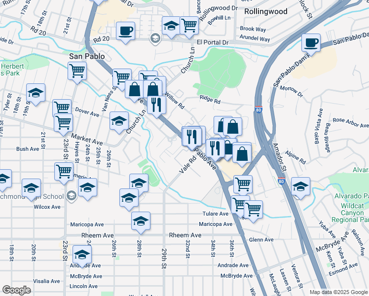 map of restaurants, bars, coffee shops, grocery stores, and more near in San Pablo
