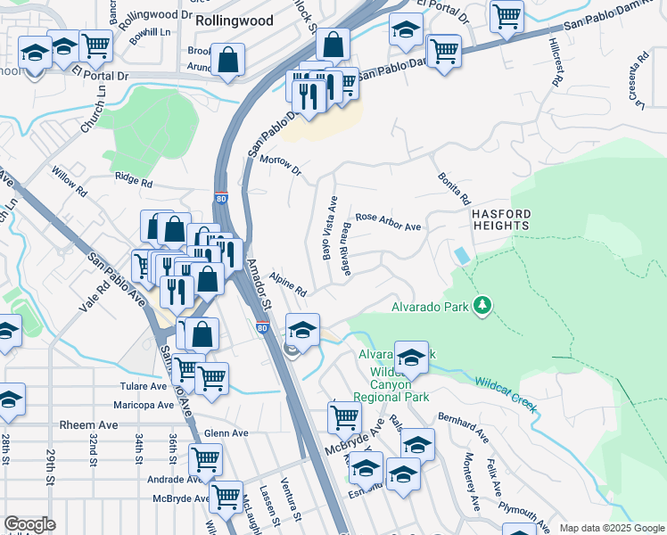 map of restaurants, bars, coffee shops, grocery stores, and more near 1532 Bayo Vista Avenue in San Pablo