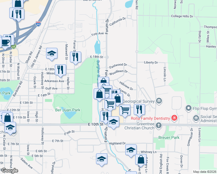 map of restaurants, bars, coffee shops, grocery stores, and more near 1504 Forum Drive in Rolla