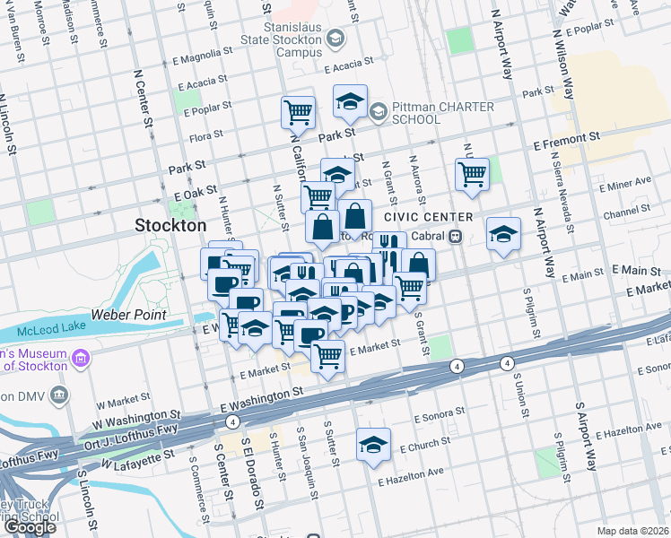 map of restaurants, bars, coffee shops, grocery stores, and more near 517 Channel Street in Stockton