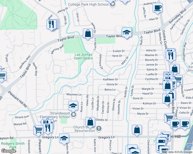 map of restaurants, bars, coffee shops, grocery stores, and more near 1830 Nadine Place in Pleasant Hill