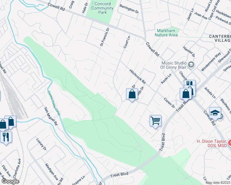 map of restaurants, bars, coffee shops, grocery stores, and more near 1075 Irwin Court in Concord