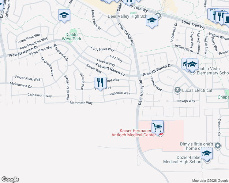 map of restaurants, bars, coffee shops, grocery stores, and more near 2507 Vallecito Way in Antioch