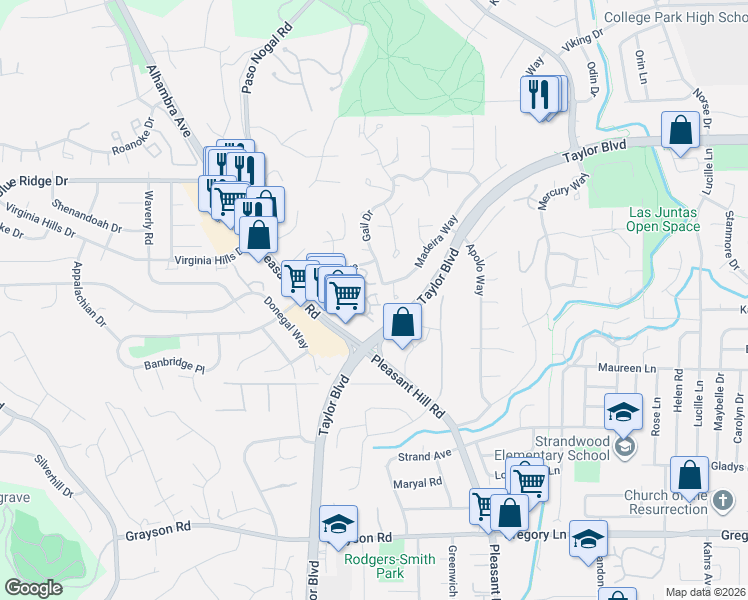 map of restaurants, bars, coffee shops, grocery stores, and more near 1 Chorley Walk in Pleasant Hill