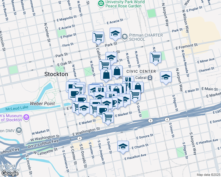 map of restaurants, bars, coffee shops, grocery stores, and more near 517 East Channel Street in Stockton