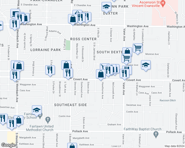 map of restaurants, bars, coffee shops, grocery stores, and more near Ravenswood Court in Evansville