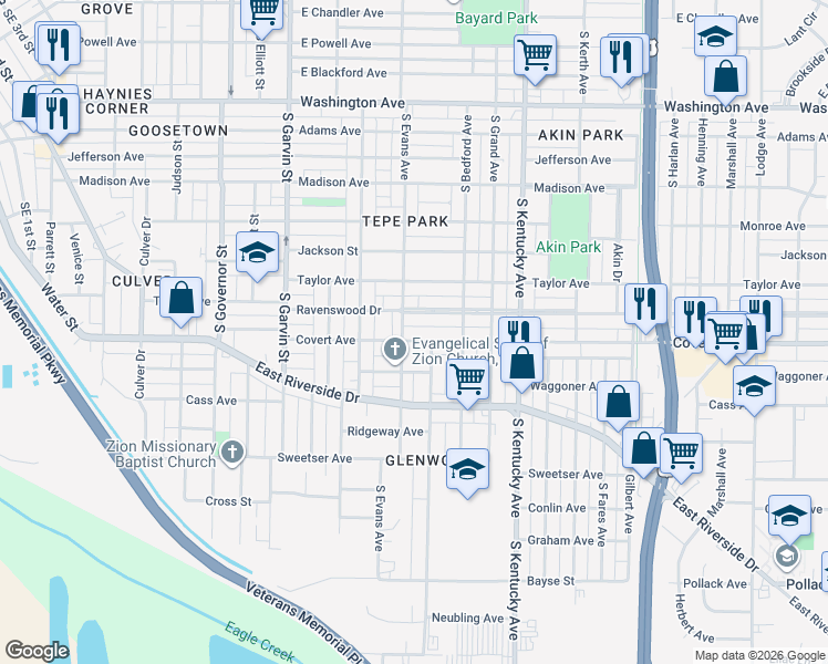map of restaurants, bars, coffee shops, grocery stores, and more near 808 Covert Ave in Evansville