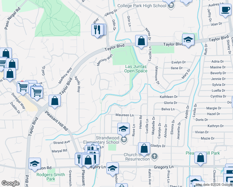 map of restaurants, bars, coffee shops, grocery stores, and more near 599 Best Road in Pleasant Hill