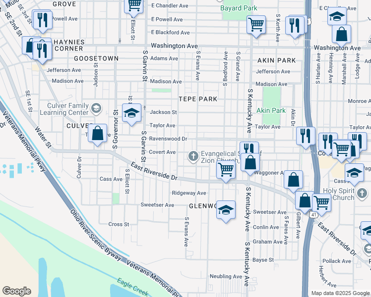 map of restaurants, bars, coffee shops, grocery stores, and more near 714 Covert Avenue in Evansville