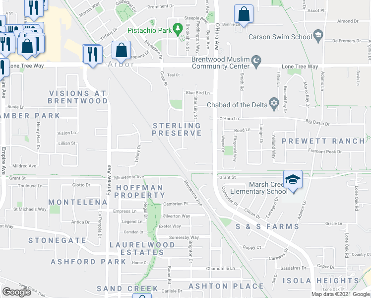 map of restaurants, bars, coffee shops, grocery stores, and more near 1054 Nighthawk Way in Brentwood