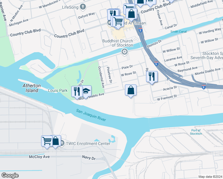 map of restaurants, bars, coffee shops, grocery stores, and more near 2931 Monte Diablo Avenue in Stockton