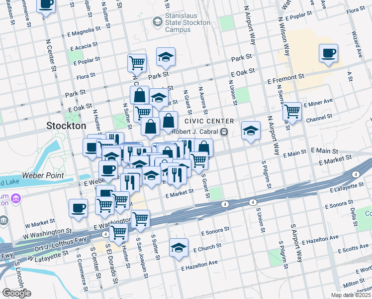 map of restaurants, bars, coffee shops, grocery stores, and more near 132 North Stanislaus Street in Stockton