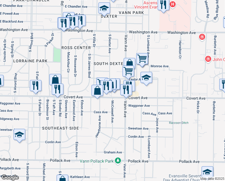 map of restaurants, bars, coffee shops, grocery stores, and more near 3007 Ravenswood Drive in Evansville