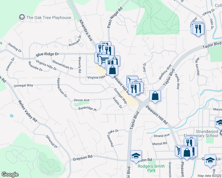 map of restaurants, bars, coffee shops, grocery stores, and more near 119 Donegal Way in Martinez