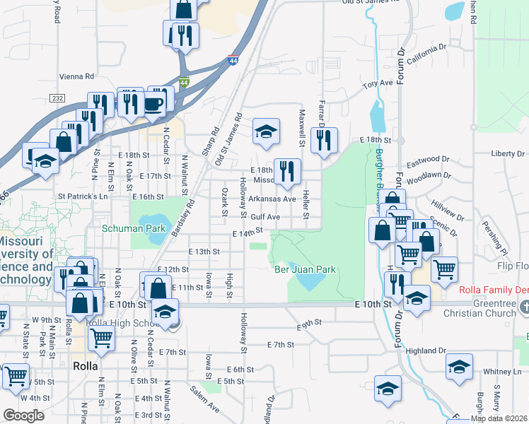 map of restaurants, bars, coffee shops, grocery stores, and more near 1502 Spencer Street in Rolla