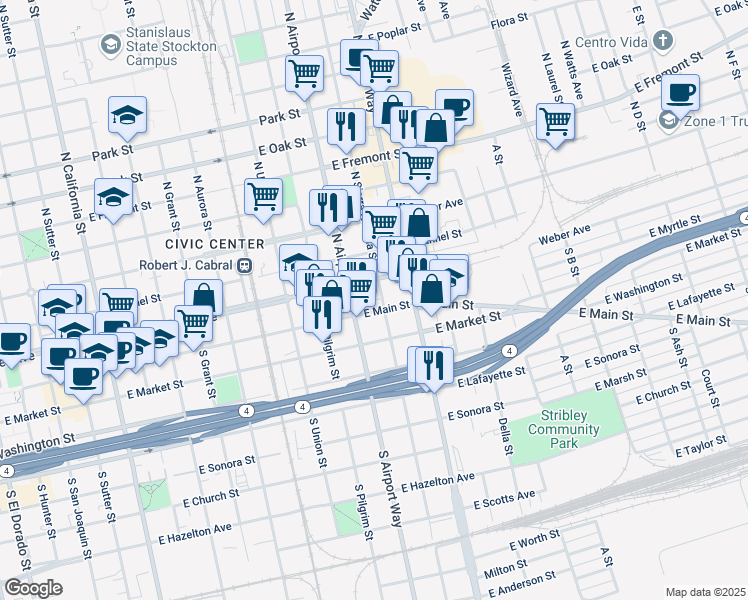 map of restaurants, bars, coffee shops, grocery stores, and more near 15 North Sierra Nevada Street in Stockton
