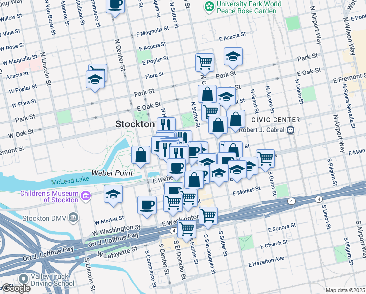 map of restaurants, bars, coffee shops, grocery stores, and more near 240 East Miner Avenue in Stockton