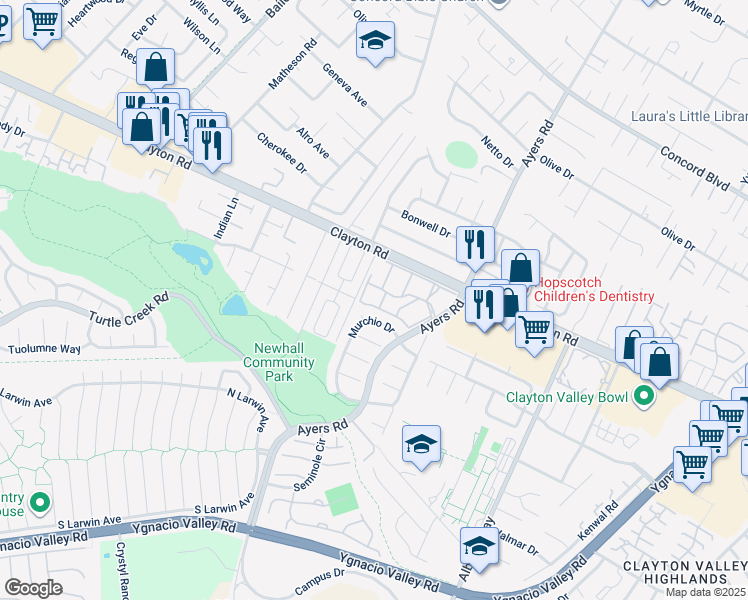 map of restaurants, bars, coffee shops, grocery stores, and more near 5030 Valley Crest Drive in Concord