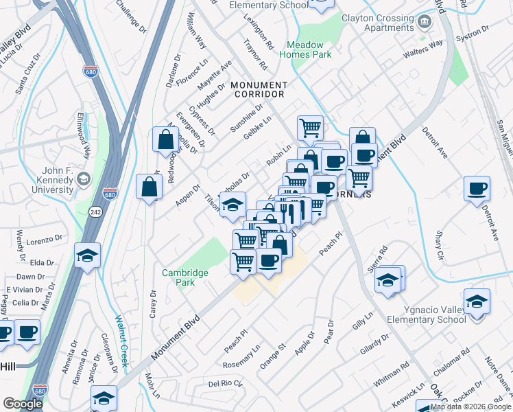map of restaurants, bars, coffee shops, grocery stores, and more near 1642 Jenkinson Drive in Concord