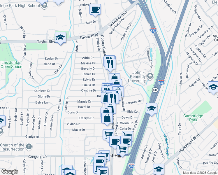 map of restaurants, bars, coffee shops, grocery stores, and more near in Pleasant Hill