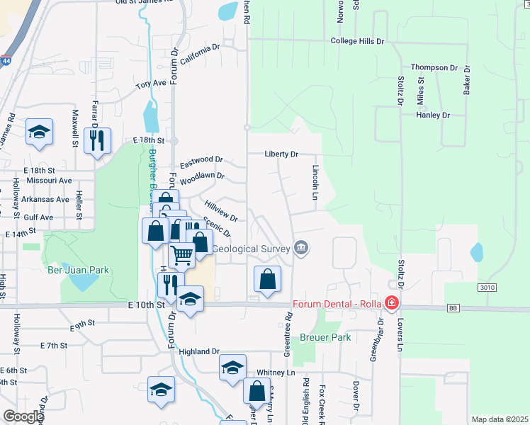 map of restaurants, bars, coffee shops, grocery stores, and more near 1600 McCutchen Road in Rolla