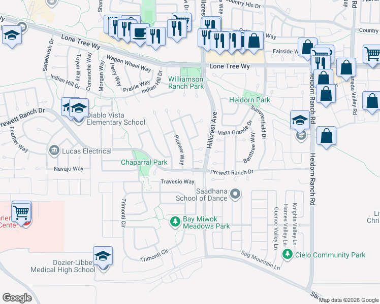 map of restaurants, bars, coffee shops, grocery stores, and more near 5152 Equestrian Way in Antioch