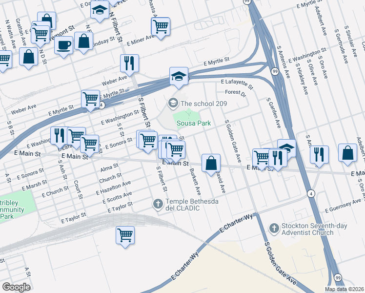 map of restaurants, bars, coffee shops, grocery stores, and more near 424 Burkett Avenue in Stockton