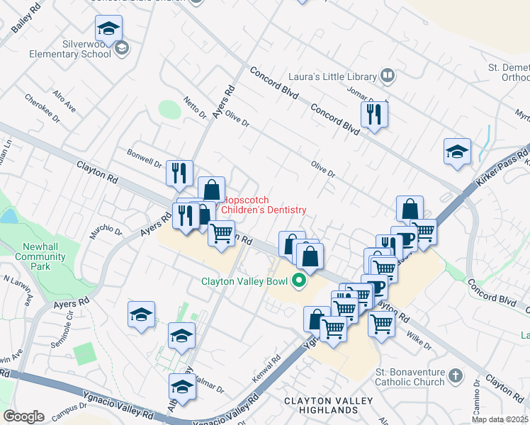 map of restaurants, bars, coffee shops, grocery stores, and more near 1542 Terry Lynn Lane in Concord