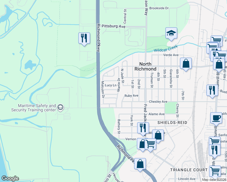 map of restaurants, bars, coffee shops, grocery stores, and more near 124 Reid Lane in Richmond