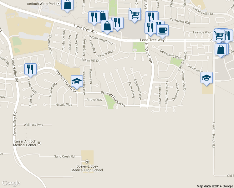 map of restaurants, bars, coffee shops, grocery stores, and more near 5206 Roundup Way in Antioch