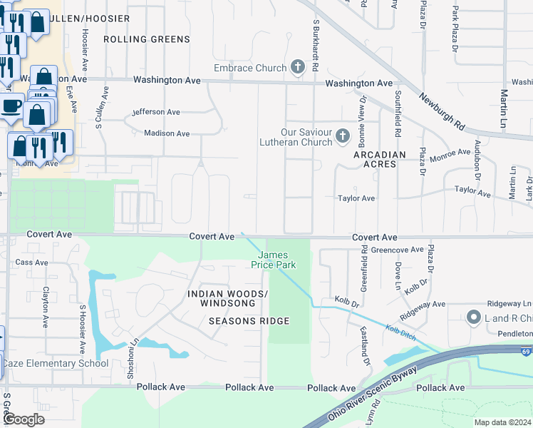map of restaurants, bars, coffee shops, grocery stores, and more near 1414 Thompson Ave in Evansville