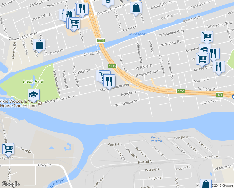 map of restaurants, bars, coffee shops, grocery stores, and more near 2611 Acacia Street in Stockton