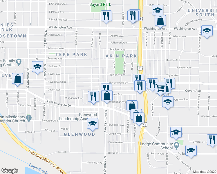 map of restaurants, bars, coffee shops, grocery stores, and more near 1562 South Kentucky Avenue in Evansville