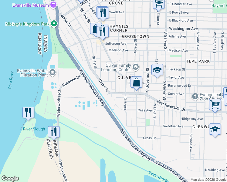 map of restaurants, bars, coffee shops, grocery stores, and more near 1520 Howard Street in Evansville