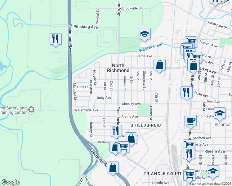 map of restaurants, bars, coffee shops, grocery stores, and more near 1555 3rd Street in Richmond