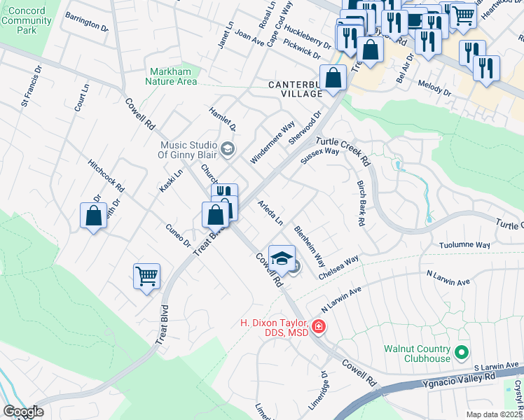 map of restaurants, bars, coffee shops, grocery stores, and more near 4306 Arleda Lane in Concord
