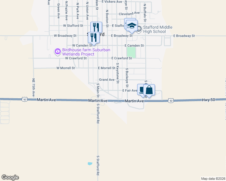 map of restaurants, bars, coffee shops, grocery stores, and more near 248 East Fair Avenue in Stafford