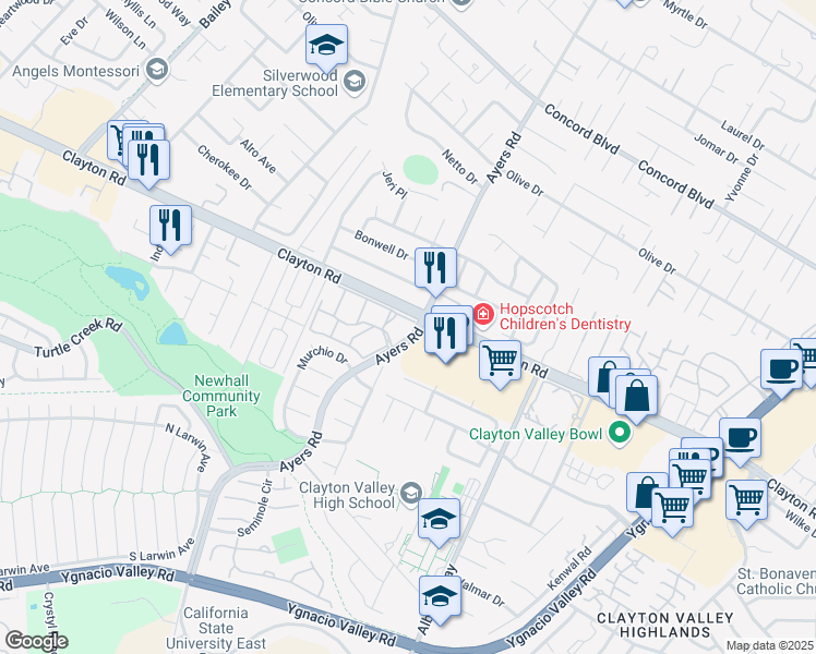 map of restaurants, bars, coffee shops, grocery stores, and more near 5095 Valley Crest Drive in Concord