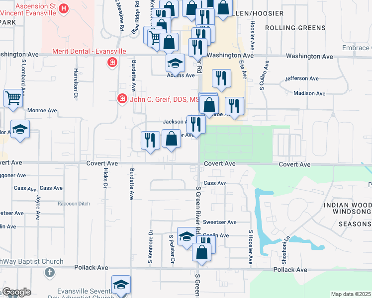 map of restaurants, bars, coffee shops, grocery stores, and more near 1547 South Green River Road in Evansville